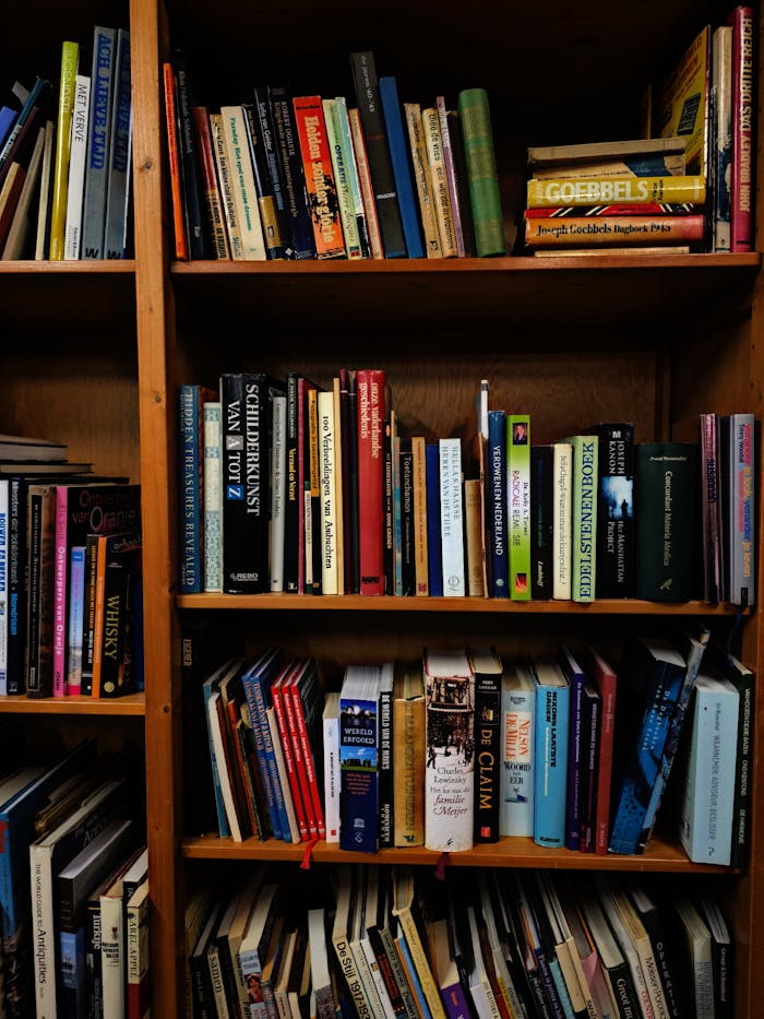 Wooden bookshelf packed with diverse books offering a cozy reading ambiance.